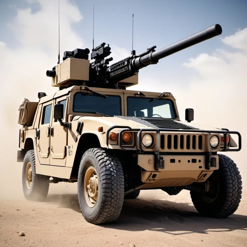 Prompt: (M134 mini gun mounted on a Humvee), military vehicle, intricate details, high depth colors, dynamic lighting, realistic textures, photorealistic, action cinematography style, high contrast, gritty atmosphere, dramatic shadows, desert background, dust clouds, intense focus, HD, 4K, ultra-detailed, seen from a low angle, showing the full body of the Humvee and the M134 mini gun, detailed weaponry, tactical ambiance