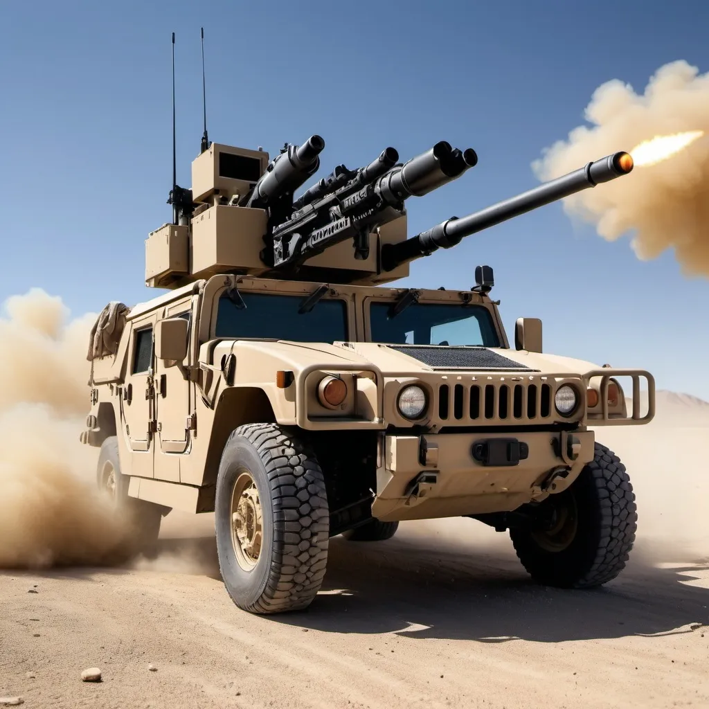 Prompt: (M134 mini gun mounted on a Humvee), military vehicle, intricate details, high depth colors, dynamic lighting, realistic textures, photorealistic, action cinematography style, high contrast, gritty atmosphere, dramatic shadows, desert background, dust clouds, intense focus, HD, 4K, ultra-detailed, seen from a low angle, showing the full body of the Humvee and the M134 mini gun, detailed weaponry, tactical ambiance