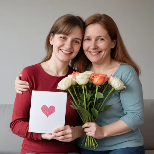 Prompt: A 20-year-old daughter and her 45-year-old mother embrace. The mother holds flowers and a 12cm by 12cm greeting card, with a very happy smile on her face.






