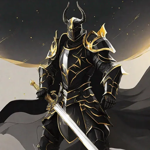 Prompt: Anime knight 6 feet tall, 185 - 200 pounds gas black Armour with gold trimming he has a helmet the covers his face, he also have a sword holsterd on his back, horns on helemt