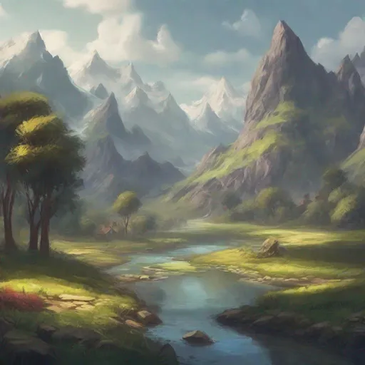 Prompt: Make me a landscape for a adventure game it should have a aspect of realism but still look like a fairytale, it should have high mountains and low fields with rivers lakes