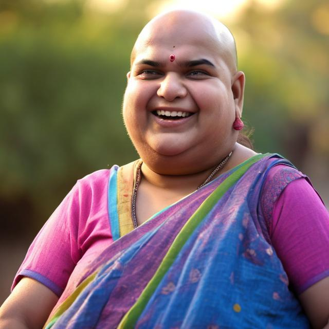 Prompt: a fat bald indian woman   keeps smiling and grows half the size of  earth