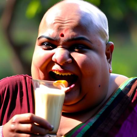 Prompt: a fat bald indian woman  with a creepy smile gulping large amounts of milk