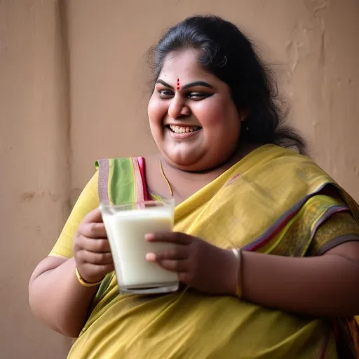 Prompt: a fat bald indian woman with a wide smile holding a glass of milk