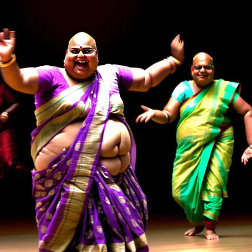 Prompt: a fat bald indian woman  with a creepy smile dancing