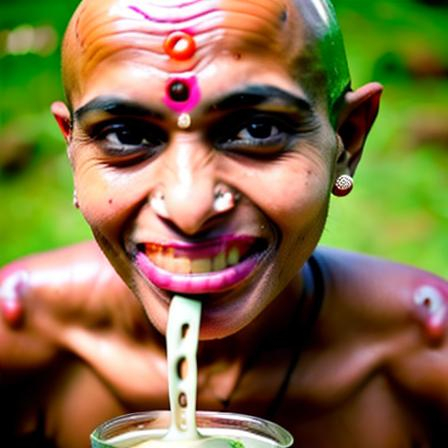 Prompt: a bald indian woman  with a creepy smile gulping large amounts of milk