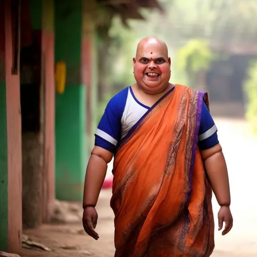 Prompt: a fat bald indian woman with a creepy smile going to the market