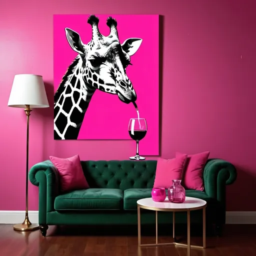 Prompt: a popart stencil of a girraffe sitting ona couch smoking a ciggarette with a glass of wine ona side table next to the couch use lots of pink in the photo