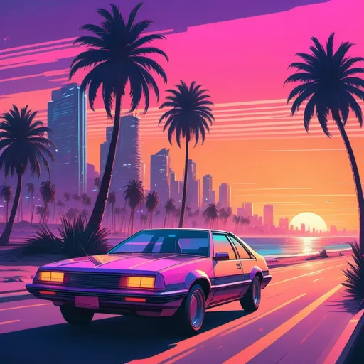 Prompt: a car driving down a road next to a palm tree filled beach with a city in the background and a sunset, Avgust Černigoj, retrofuturism, retrowave, concept art