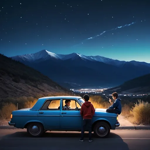 Prompt: 1 boys sitting in car, 1 boy standing near car with a cigarette, mountain view, night sky with stars, car standing near ditch, city view , blue light inside car 
