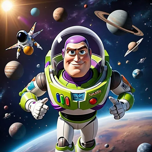 Prompt: buzz lightyear traversing through the outer space, showcasing the solar system, the asteroids, the stars, and galaxies, a black hole, a space rocket or a satellite. make it seem like buzz lightyear is in a mission of his lifetime. make him wear suits like the astronauts from NASA. the image can be inspired using themes seen from the film interstellar. create a vivid, and vibrant backdrop and make the photo in animated form