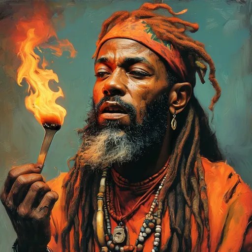 Prompt: Rasta man with wipe of flame