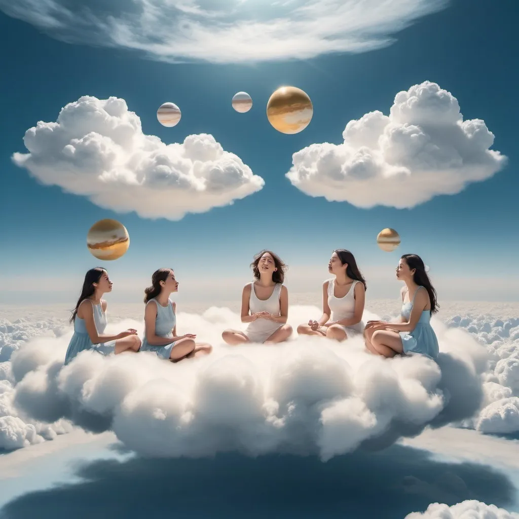 Prompt: the action takes place in the clouds
Planetary show..
Group of ladies sitting in floating clouds. Clouds are floating in the sky.
Below the alien tricks is performed by tiny and fast planets.
Atmosphere of joy and surprise.
Color mood of baby blue, soft white and gold.
Fantastic Hi-Tech low-life. empty clouds
No any furniture. Only clouds