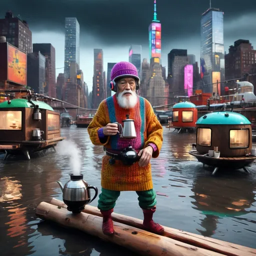 Prompt: An old man in a knitted helmet and colorful outfit brewing coffee on japanese syphon coffee maker, floating on a wooden log raft along a flooded timessqure of New York city. city lights and cars visible deep underwater, technological cyberware horizon, futuristic steampunk and cyberpunk aesthetic, social collapse, it's raining, detailed image,  view from top, cinema 3D