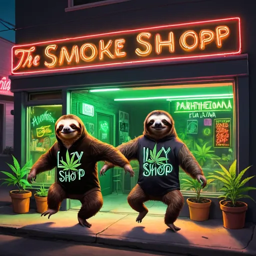 Prompt: 2 Sloths running a marijuana paraphernalia shop with a Neon sign in the back reading, "The Lazy Sloth"
Below it, painted in black, reads, "The Hawthorne Florida Smoke Shop. 