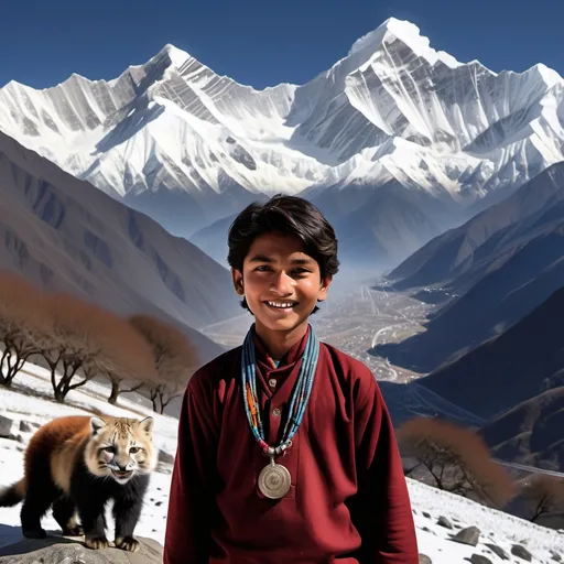 Prompt: Create an image of an 18-year-old Himalayan boy from Uttarakhand standing in front of the majestic Himalayan mountains. The boy should be dressed in traditional attire, with a bright smile on his face. In the background, include a variety of animals such as a snow leopard, a red panda, a Himalayan monal, and a few yaks grazing in the distance. Also, include a winding road or path (rasta) that leads to a nearby village, with a few trees and shrubs along the way. The image should capture the serenity and beauty of the Himalayas, with the boy and animals blending seamlessly into the landscape