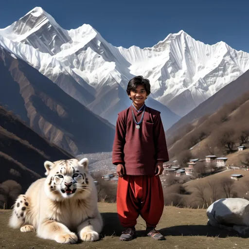 Prompt: Create an image of an 18-year-old Himalayan boy from Uttarakhand standing in front of the majestic Himalayan mountains. The boy should be dressed in traditional attire, with a bright smile on his face. In the background, include a variety of animals such as a snow leopard, a red panda, a Himalayan monal, and a few yaks grazing in the distance. Also, include a winding road or path (rasta) that leads to a nearby village, with a few trees and shrubs along the way. The image should capture the serenity and beauty of the Himalayas, with the boy and animals blending seamlessly into the landscape