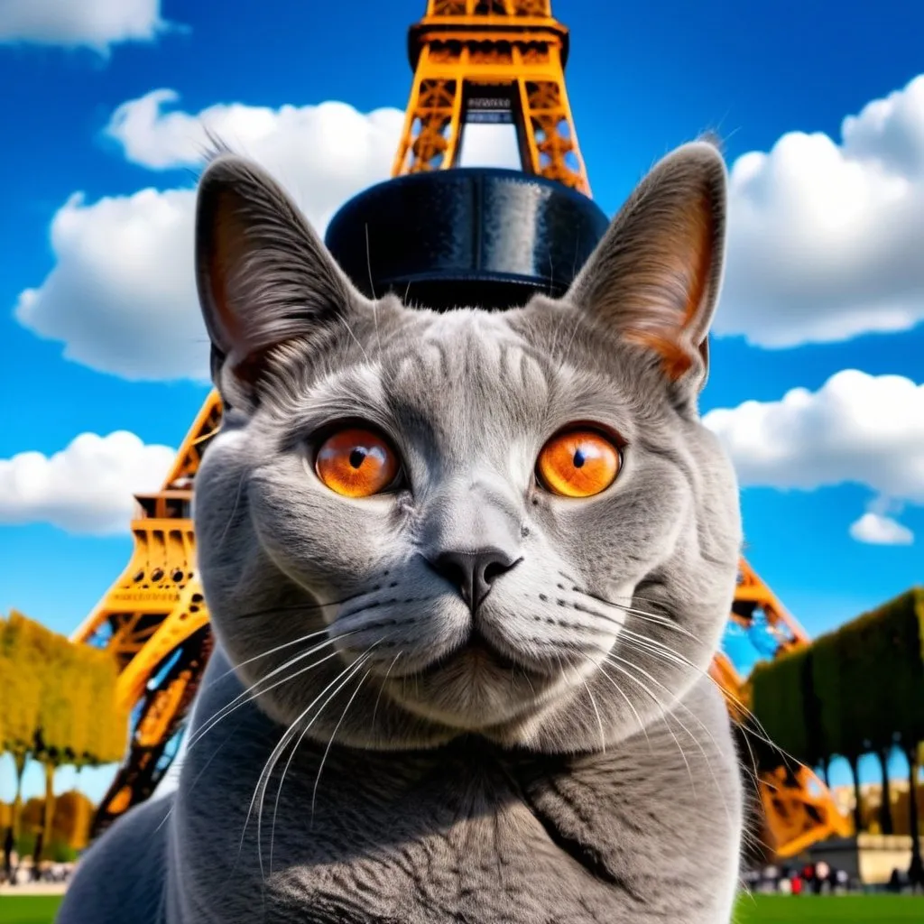 Prompt: The front view head of a gray/blue Chartreux breed cat with a smiling face, wearing a traditional black French beret, with the background of a famous monument in Paris, with chartreux eyes, deep auburn orange, on a nice weather day, bluse sky and white clouds. Make the eiffel tower visible in the background.