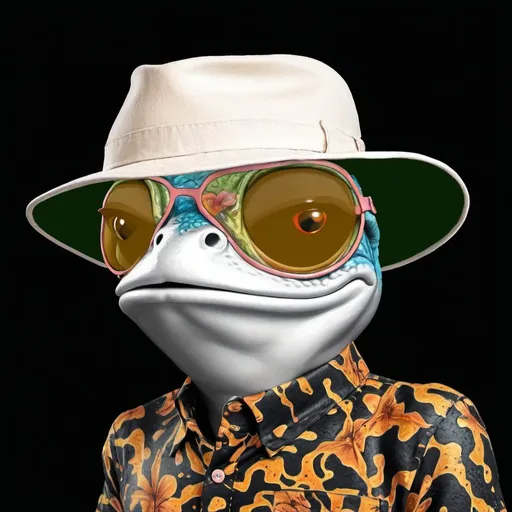 Prompt: Fear and Loathing-themed illustration of a frog, surreal psychedelic art, Hawaiian floral shirt, desert landscape with surreal colors, psychedelic art, exaggerated facial expressions, surreal, trippy, high-quality, detailed illustration, surrealistic, psychedelic, desert landscape, exaggerated features, hunter s thompson, frog, fear and loathing