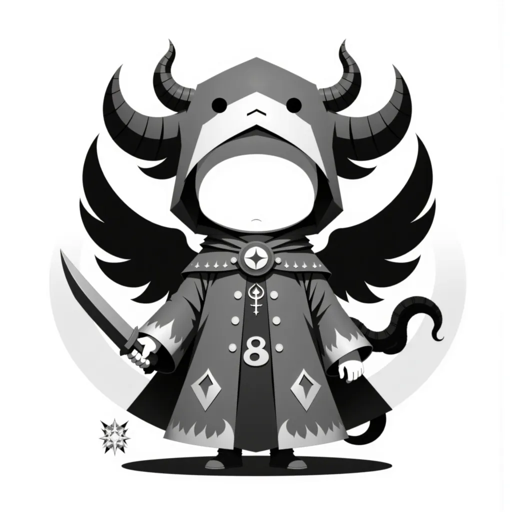 Prompt: <mymodel> Botis - A Mini Mystic character in a matte cutout poster style, monochrome occult-cute aesthetic, featuring a small rounded body with a large blank-faced head, wearing a president's robe with murky gray patterns and secret symbols, a two-horned headband accessory, holding a sword, the entire design in grayscale tones with soft gradients for depth.