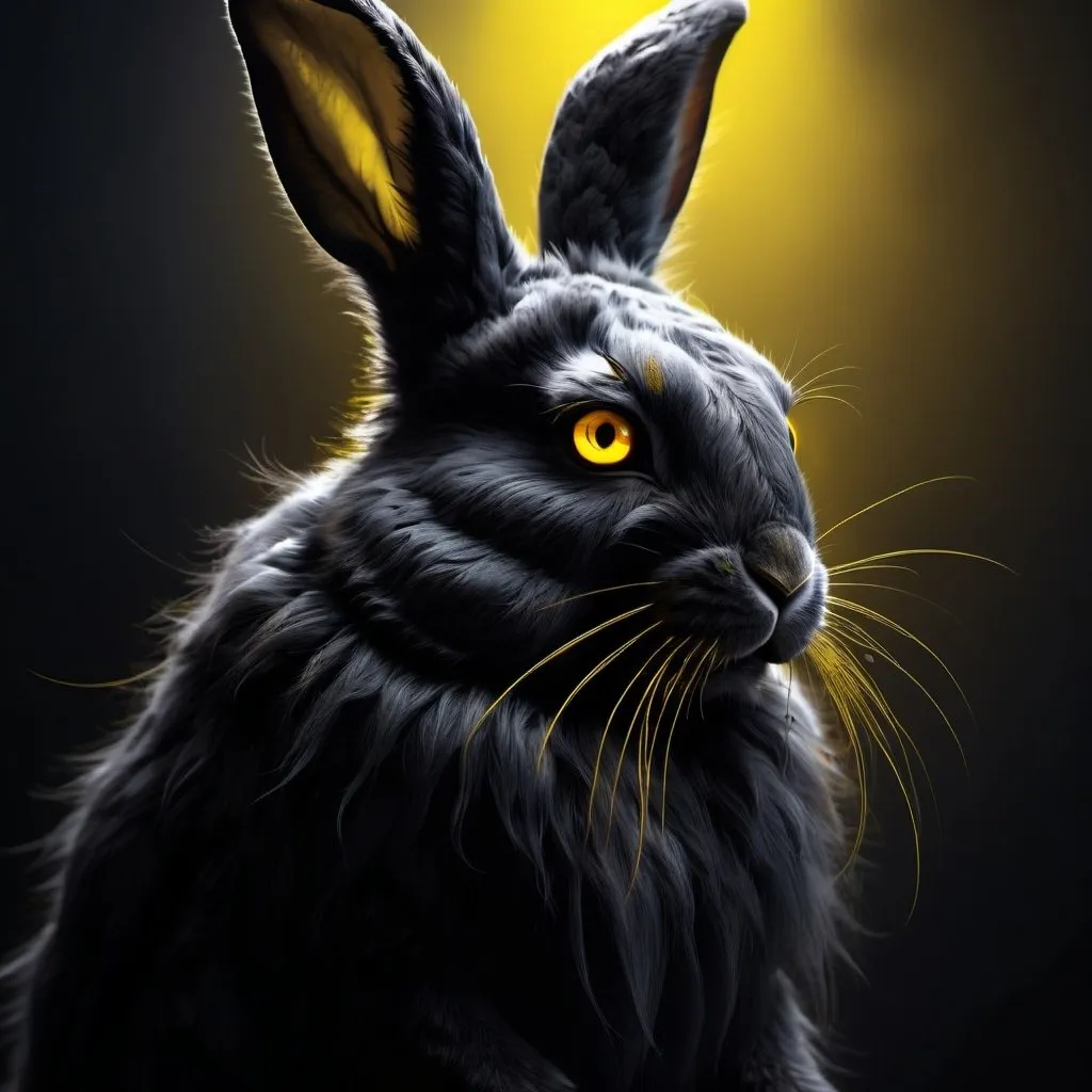 Prompt: Detailed digital illustration of a rabbit person with pure black fur and piercing yellow eyes, high quality, digital art, detailed black fur, intense yellow eyes, humanoid rabbit, fantasy, dark tones, atmospheric lighting