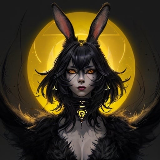 Prompt: Detailed digital illustration of a female rabbit person with pure black fur and piercing yellow eyes, high quality, digital art, detailed black fur, intense yellow eyes, humanoid rabbit, fantasy, dark tones, atmospheric lighting