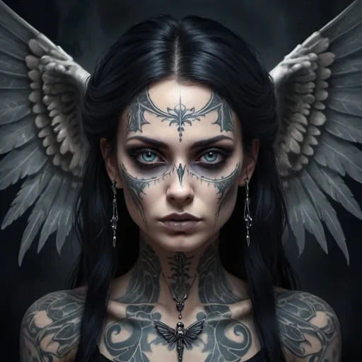 Prompt: A gothic Aasimar with skeletal wings, female, facial tattoo, high quality, digital painting, eerie and mysterious, dark and moody, cool tones, dramatic lighting, detailed facial features, hauntingly beautiful, ethereal, gothic, skeletal wings, detailed facial tattoo, professional, atmospheric lighting, digital art, cool tones, moody, eerie