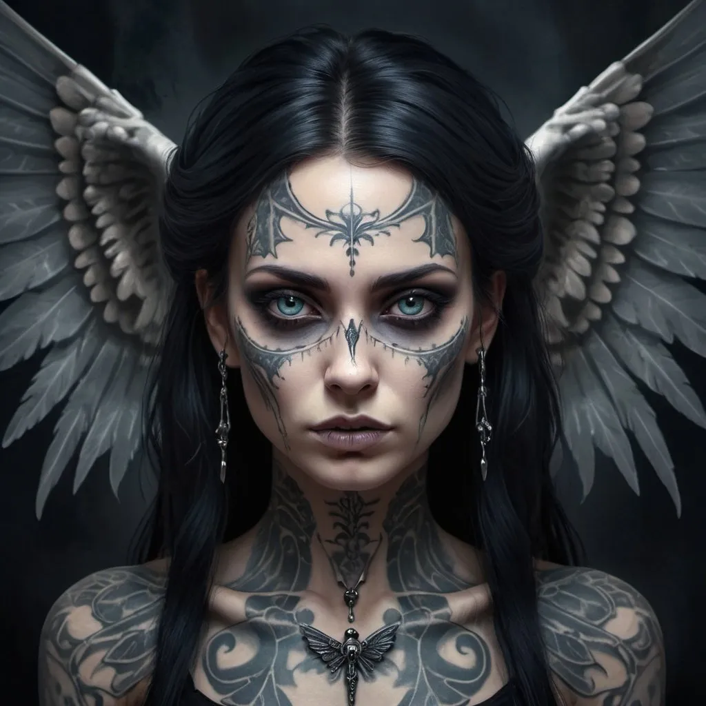 Prompt: A gothic Aasimar with skeletal wings, female, facial tattoo, high quality, digital painting, eerie and mysterious, dark and moody, cool tones, dramatic lighting, detailed facial features, hauntingly beautiful, ethereal, gothic, skeletal wings, detailed facial tattoo, professional, atmospheric lighting, digital art, cool tones, moody, eerie