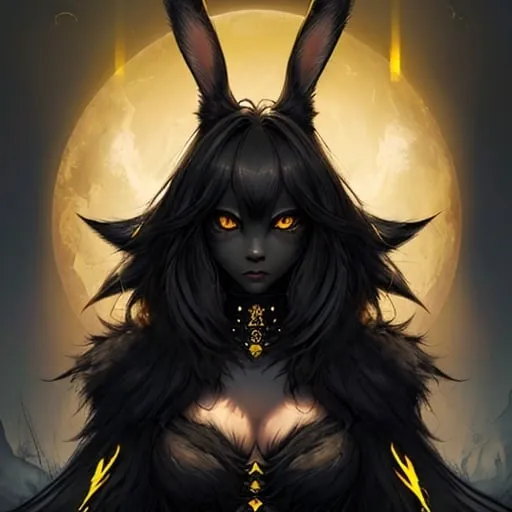 Prompt: Detailed digital illustration of a female rabbit person with pure black fur and piercing yellow eyes, high quality, digital art, detailed black fur, intense yellow eyes, humanoid rabbit, fantasy, dark tones, atmospheric lighting