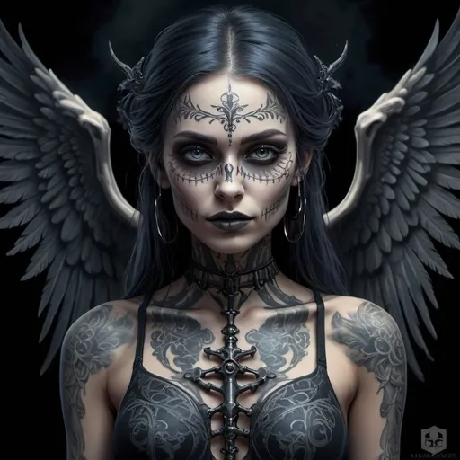 Prompt: A gothic Aasimar with skeletal wings, female, facial tattoo, high quality, digital painting, eerie and mysterious, dark and moody, cool tones, dramatic lighting, detailed facial features, hauntingly beautiful, ethereal, gothic, skeletal wings, detailed facial tattoo, professional, atmospheric lighting, digital art, cool tones, moody, eerie, fullbody, fully body