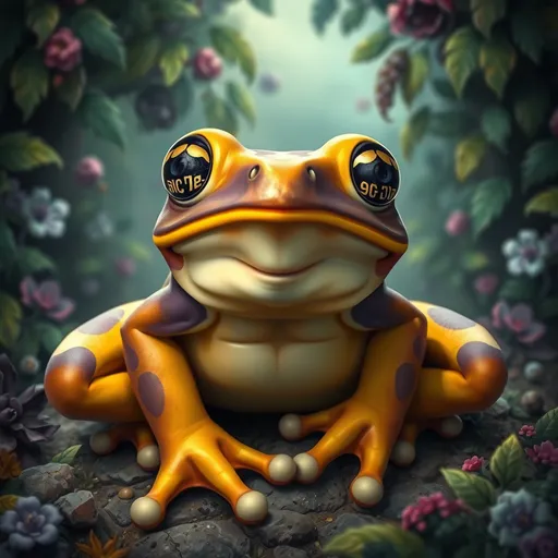 Prompt: bipedal frog, (purple and yellow), intricate (runes) as pupils, highly detailed features, whimsical character design, vibrant color contrast, lush fantasy background filled with foliage, (ultra-detailed), mythic atmosphere, mysterious and magical vibe, sharp focus on eyes, (4K), imaginative setting with enchanting elements.