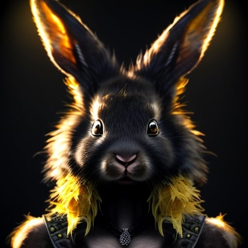 Prompt: Detailed digital illustration of a female rabbit person with pure black fur and piercing yellow eyes, high quality, digital art, detailed black fur, intense yellow eyes, humanoid rabbit, fantasy, dark tones, atmospheric lighting