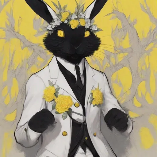 Prompt: Rabbit person with pure black fur and yellow eyes