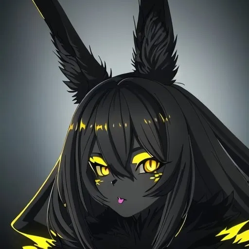 Prompt: Detailed digital illustration of a female rabbit person with pure black fur and piercing yellow eyes, high quality, digital art, detailed black fur, intense yellow eyes, humanoid rabbit, fantasy, dark tones, atmospheric lighting