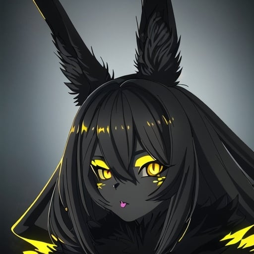 Prompt: Detailed digital illustration of a female rabbit person with pure black fur and piercing yellow eyes, high quality, digital art, detailed black fur, intense yellow eyes, humanoid rabbit, fantasy, dark tones, atmospheric lighting