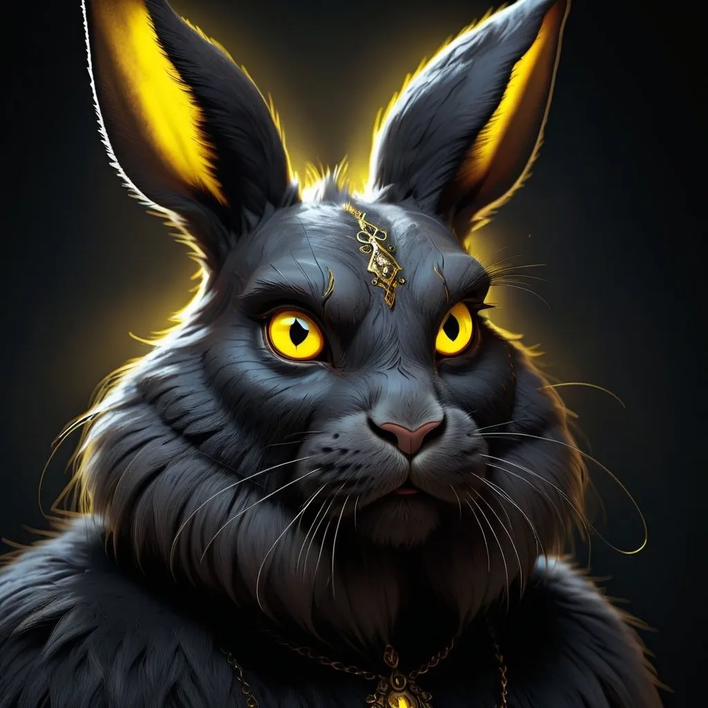 Prompt: Detailed digital illustration of a rabbit person with pure black fur and piercing yellow eyes, high quality, digital art, detailed black fur, intense yellow eyes, humanoid rabbit, fantasy, dark tones, atmospheric lighting