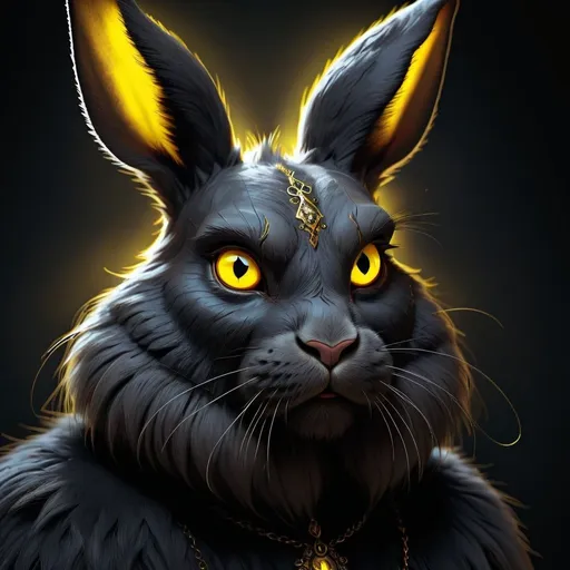 Prompt: Detailed digital illustration of a rabbit person with pure black fur and piercing yellow eyes, high quality, digital art, detailed black fur, intense yellow eyes, humanoid rabbit, fantasy, dark tones, atmospheric lighting