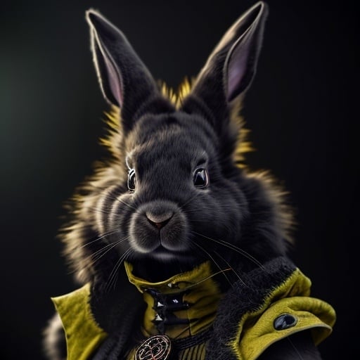 Prompt: Detailed digital illustration of a female rabbit person with pure black fur and piercing yellow eyes, high quality, digital art, detailed black fur, intense yellow eyes, humanoid rabbit, fantasy, dark tones, atmospheric lighting