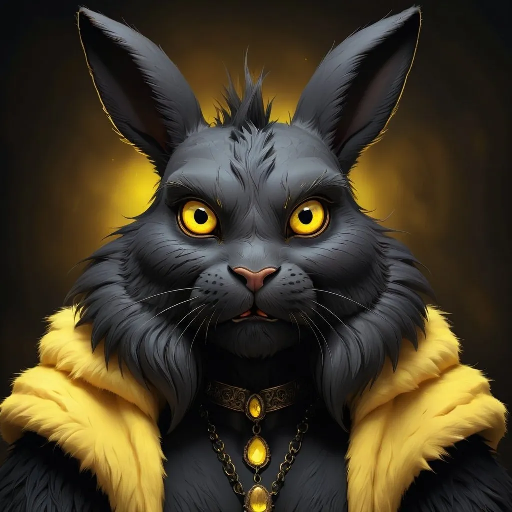 Prompt: Detailed digital illustration of a rabbit person with pure black fur and piercing yellow eyes, high quality, digital art, detailed black fur, intense yellow eyes, humanoid rabbit, fantasy, dark tones, atmospheric lighting