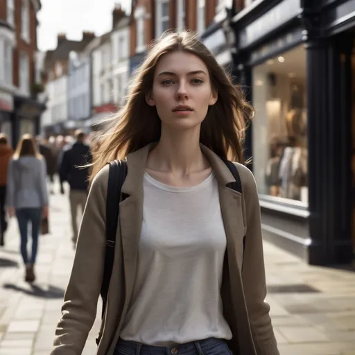 Prompt: Tall young woman walking down the high street, detailed clothing, realistic, natural lighting