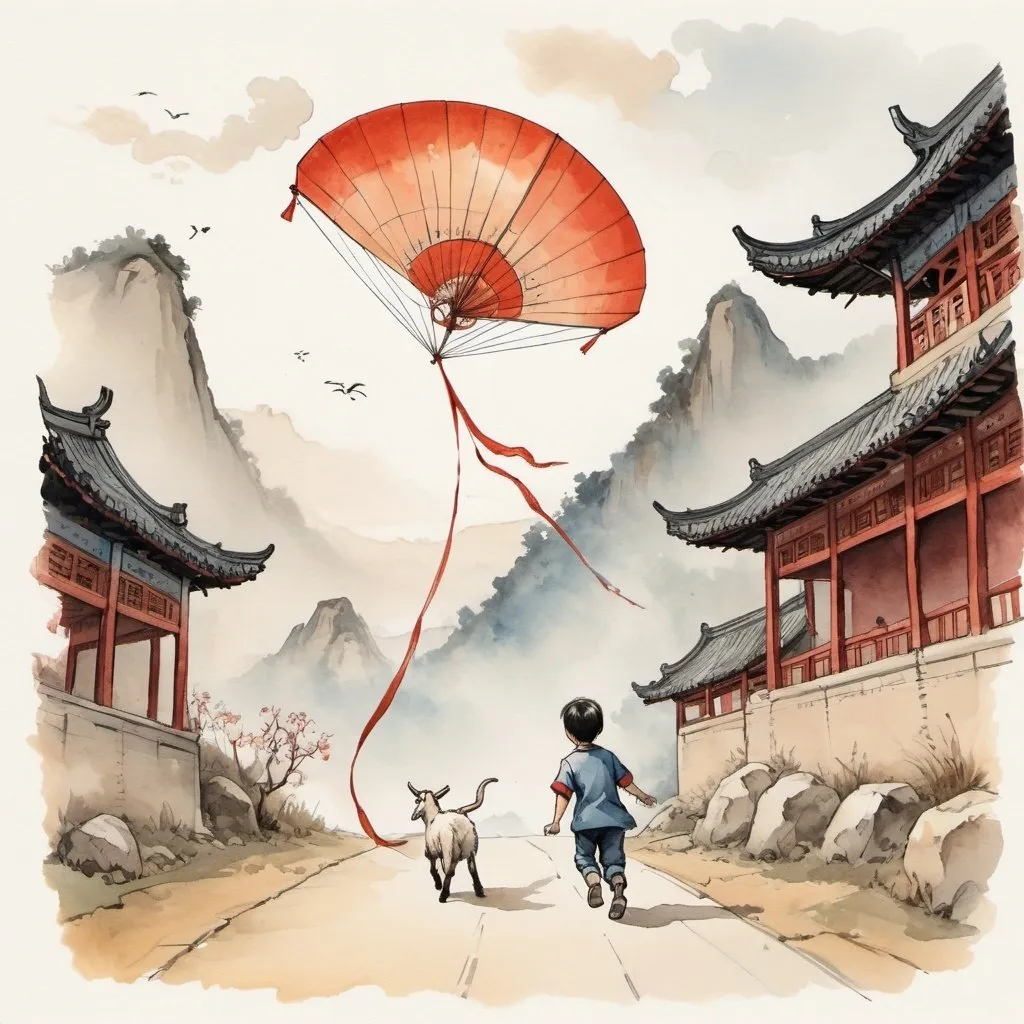 Prompt: Illustrate in an ink a watercolor style a boy watching a goat running towards the upper right, pulling a long, dragon-like Chinese kite.  Nondescript people in the background form a vanishing point from bottom left to upper right.