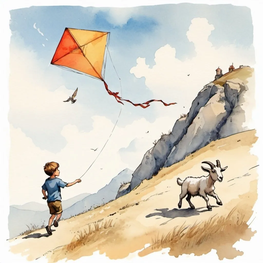 Prompt: Illustrate in an ink a watercolor style a boy on the bottom left of the image watching a goat running towards the upper right of the image, pulling a kite.  