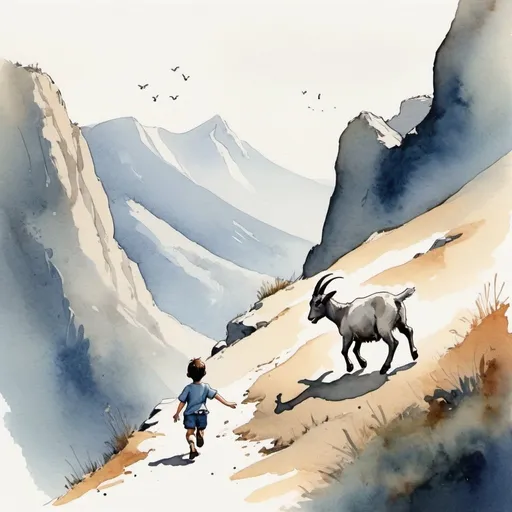 Prompt: Illustrate in an ink a watercolor style a boy on the bottom left of the image watching a goat running towards the upper right of the image.  
