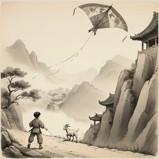 Prompt: Illustrate a boy watching a goat running towards the upper right, pulling a long, dragon-like Chinese kite.  Nondescript people in the background form a vanishing point from bottom left to upper right.