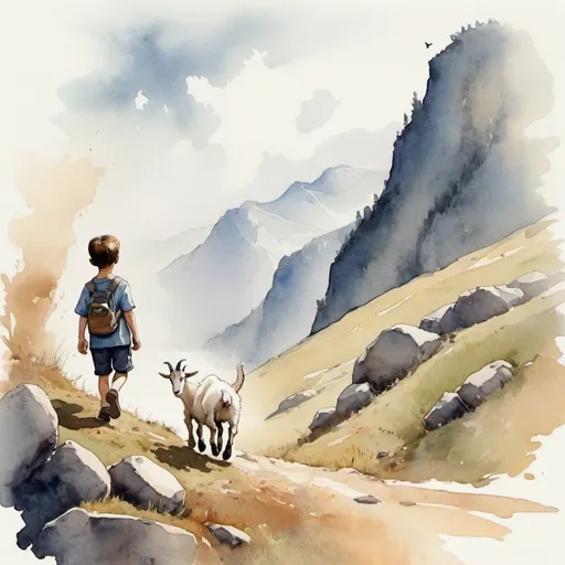 Prompt: Illustrate in an ink a watercolor style a boy on the bottom left of the image watching a goat running towards the upper right of the image.  