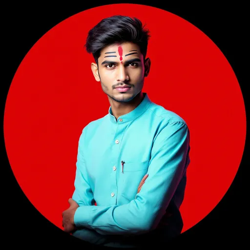 Prompt: A young man poses confidently, wearing a light blue shirt, his hair neatly styled. His facial expression is serious yet composed, accentuated by traditional markings on his forehead which include three horizontal lines and a red dot, suggesting a cultural or religious significance. The backdrop is a vibrant red circle, providing a striking contrast against the black outer edges, creating a bold visual frame. The overall composition is modern and eye-catching, with a blend of traditional elements and contemporary design, likely capturing a moment of personal or cultural identity with a striking mood.