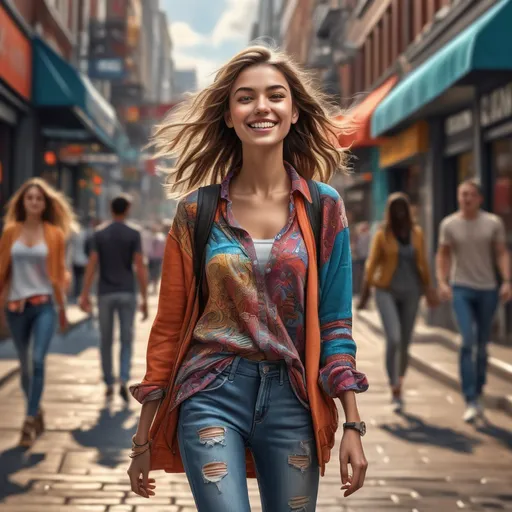 Prompt: (tall young woman walking down the high street), (realistic), intricate detailed clothing, natural lighting, vibrant city atmosphere, urban landscape, bustling background, expressive pose, casual yet stylish outfit, lively colors capturing the essence of a dynamic street scene, portraying an overall cheerful and modern vibe, ultra-detailed, HD.