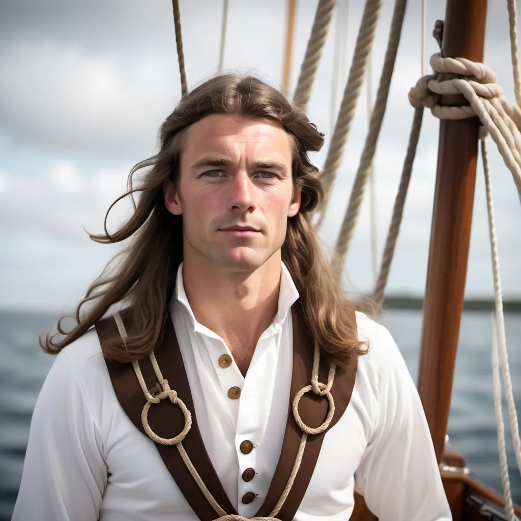 Prompt: White british sailor wearing traditional british sailing clothing with lucious brown long hair