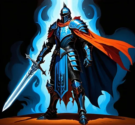 Prompt: The knight Igris stands, whose power has become infinite. The color of his armor is black and blue with the fiery edges of light blue and his cape black, and the sword is a great, tall, wide and fiery blue.
