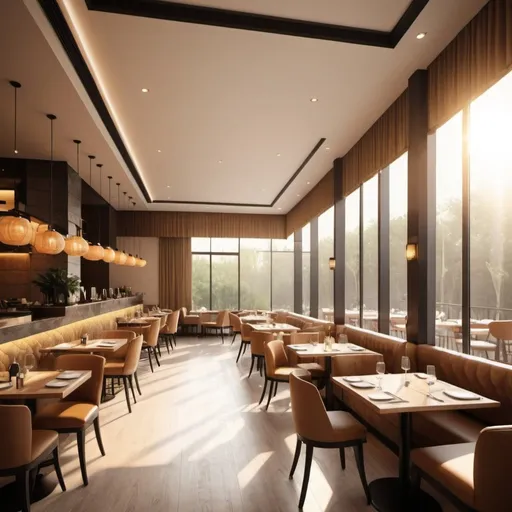 Prompt: hotel restaurant design with a lot of sun light and cozy mood modern style